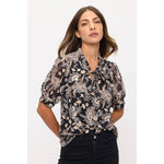 Peasant Tie Black Print Short Sleeved Blouse