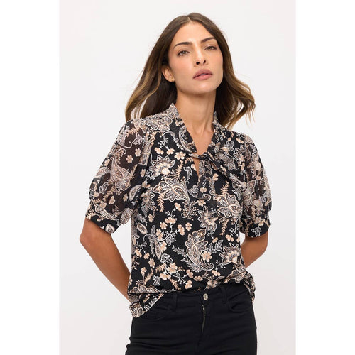 Peasant Tie Black Print Short Sleeved Blouse