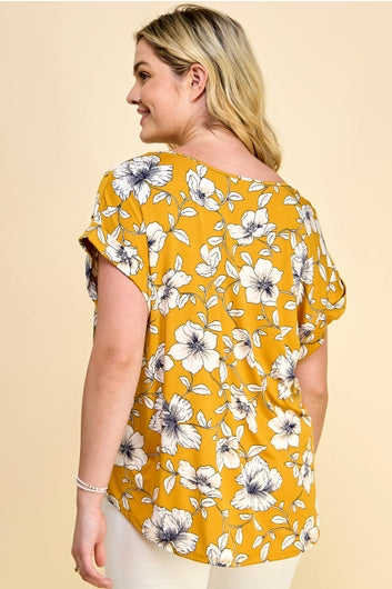 Plus Size Short Sleeve Yellow and Navy Floral Top