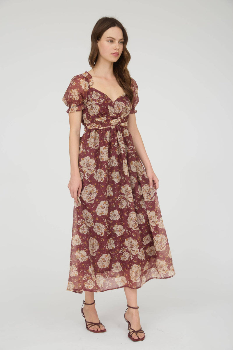 Chocolate Floral Sweetheart Neckline Dress