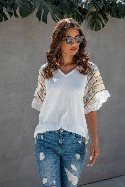 Deco Ruffle Sleeve V-Neck Top