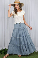 Tiered Fringe Hem Chambray Maxi Skirt