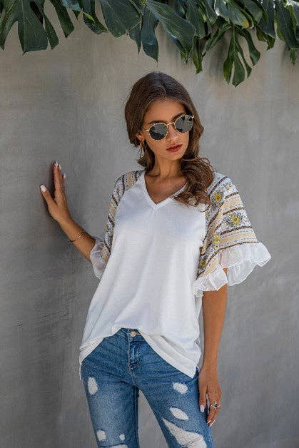 Deco Ruffle Sleeve V-Neck Top