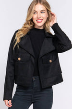 Notched Collar Open Front Faux Suede Jacket