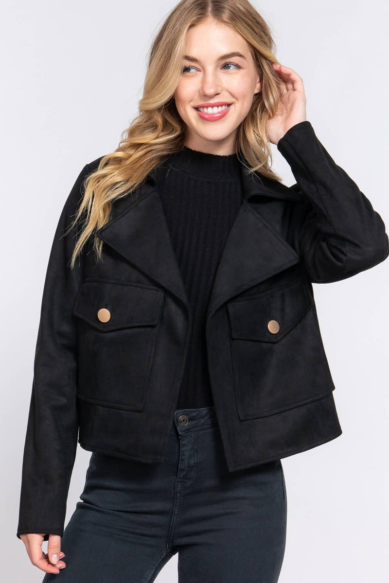 Notched Collar Open Front Faux Suede Jacket