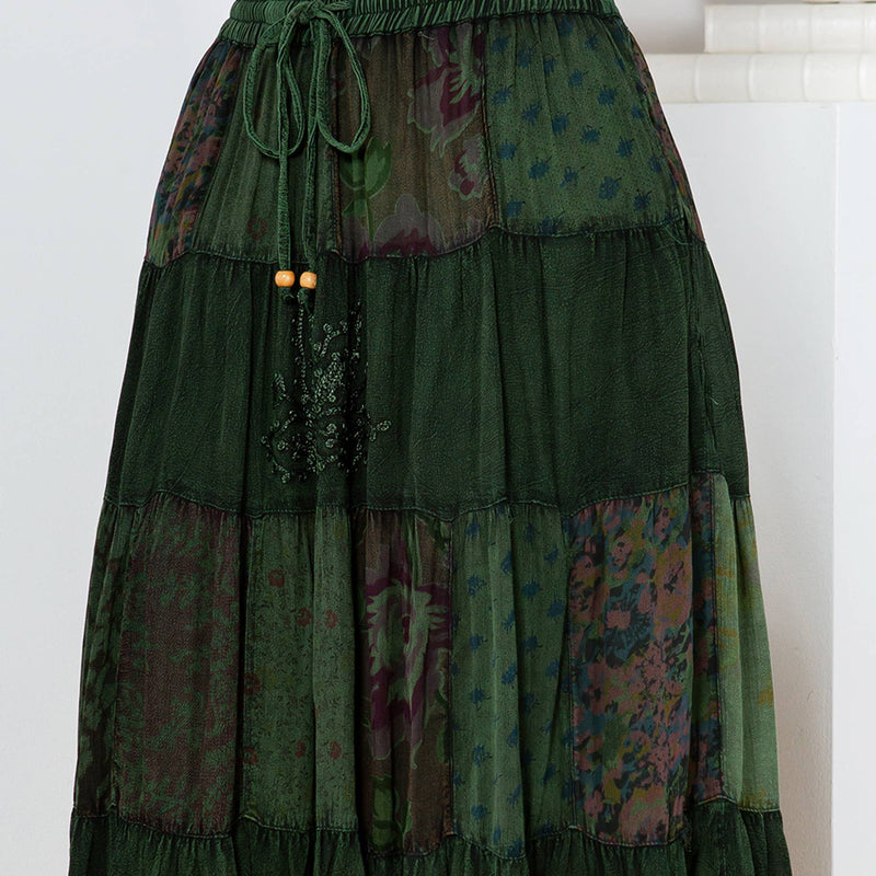 Deep Green Printed Georgette Patchwork Skirt