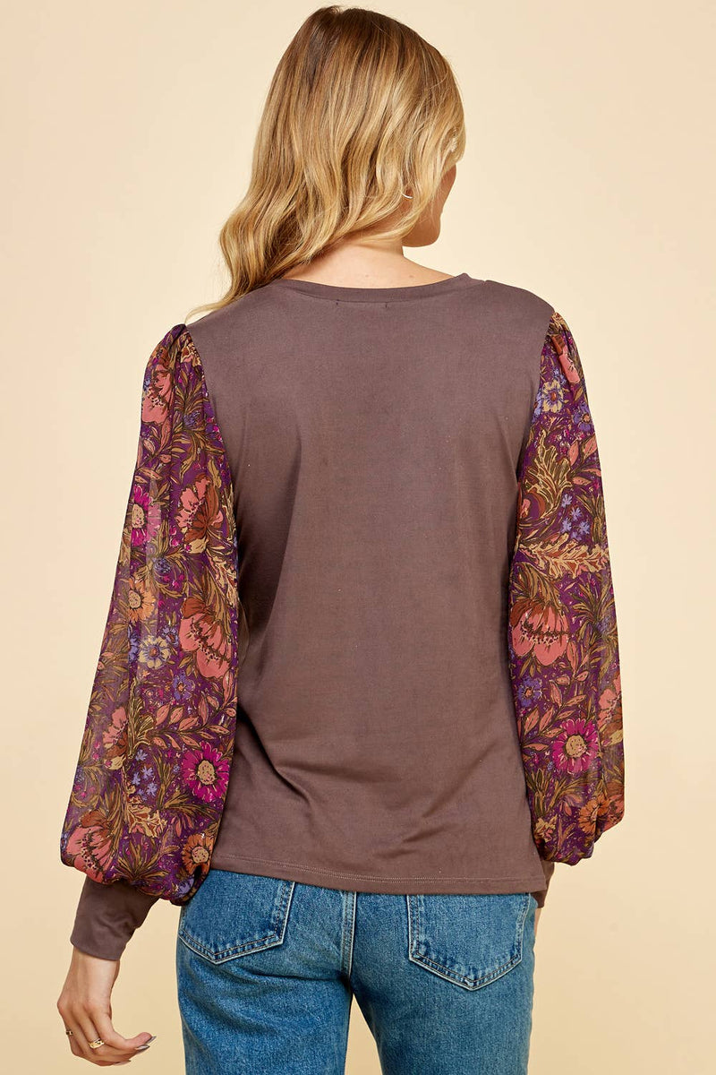 Solid Top with Printed Floral Sleeves