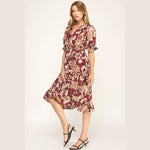 Autumn Red Floral Faux Wrap Dress