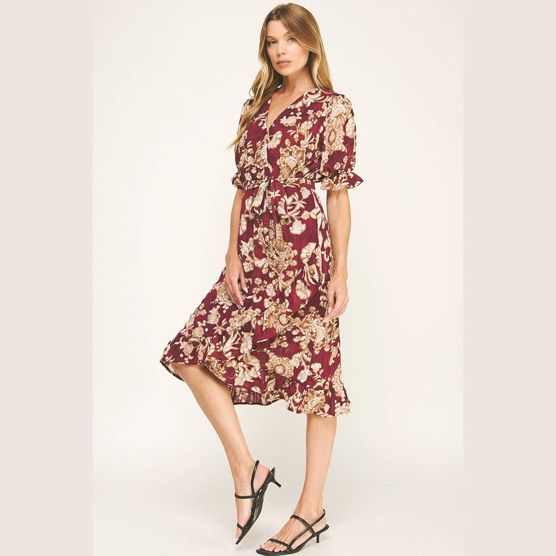 Autumn Red Floral Faux Wrap Dress