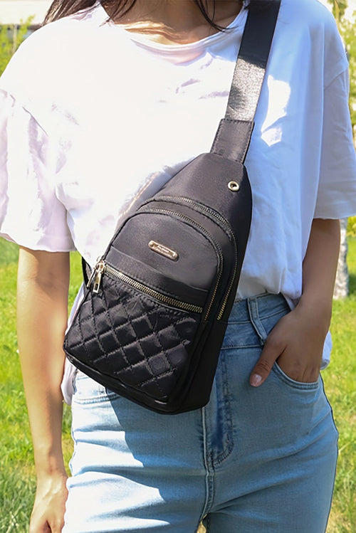 Black Quilted Multi-Pocket Crossbody Chest Bag