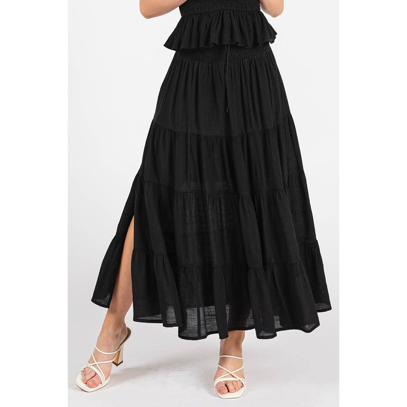 Tiered Flowing Black Skirt with Side Slit