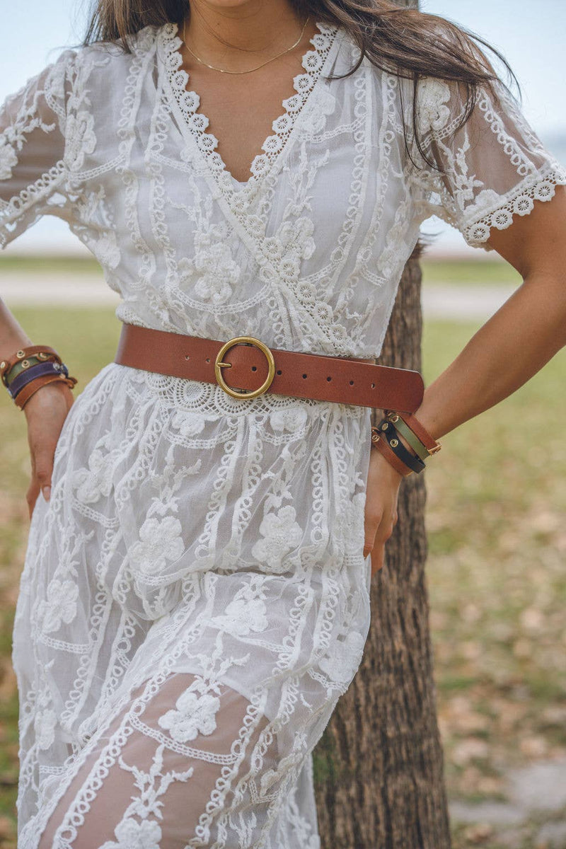 Wide Brass-Toned Circle Buckle Leather Belt in Black or Brown