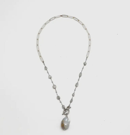 Silver Stainless Steel Drop Necklace with White Agate Stones