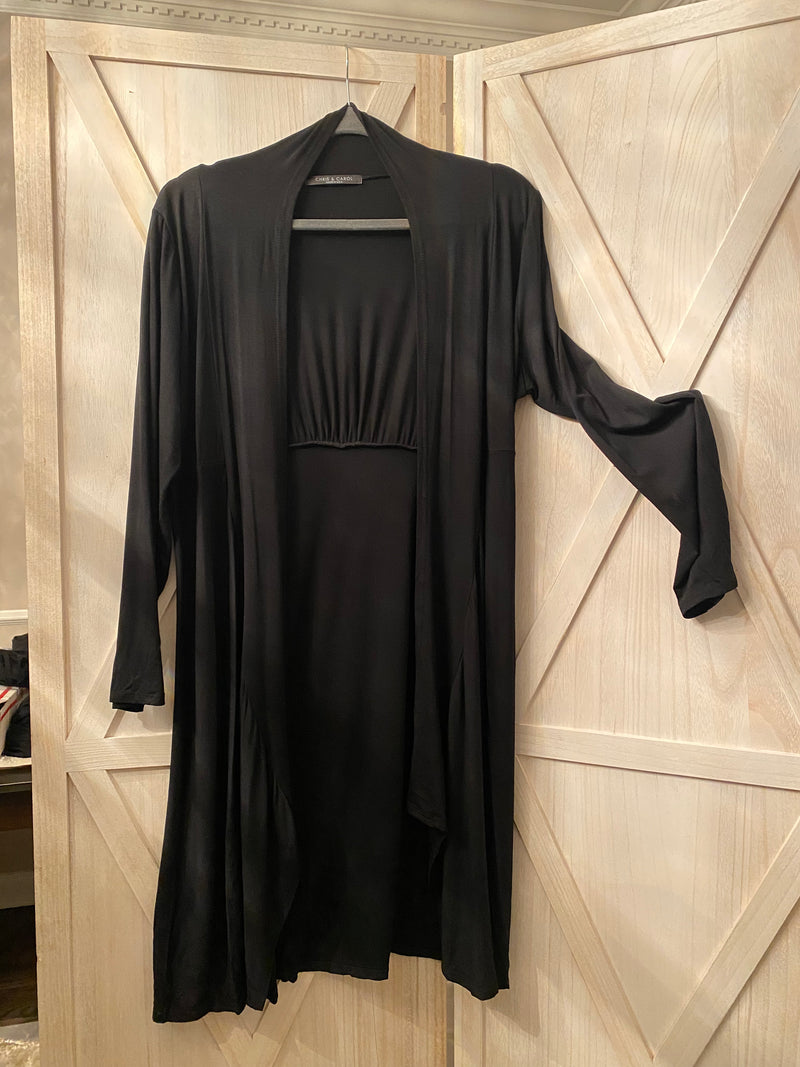 Knee-Length Black Jersey Knit Cardigan